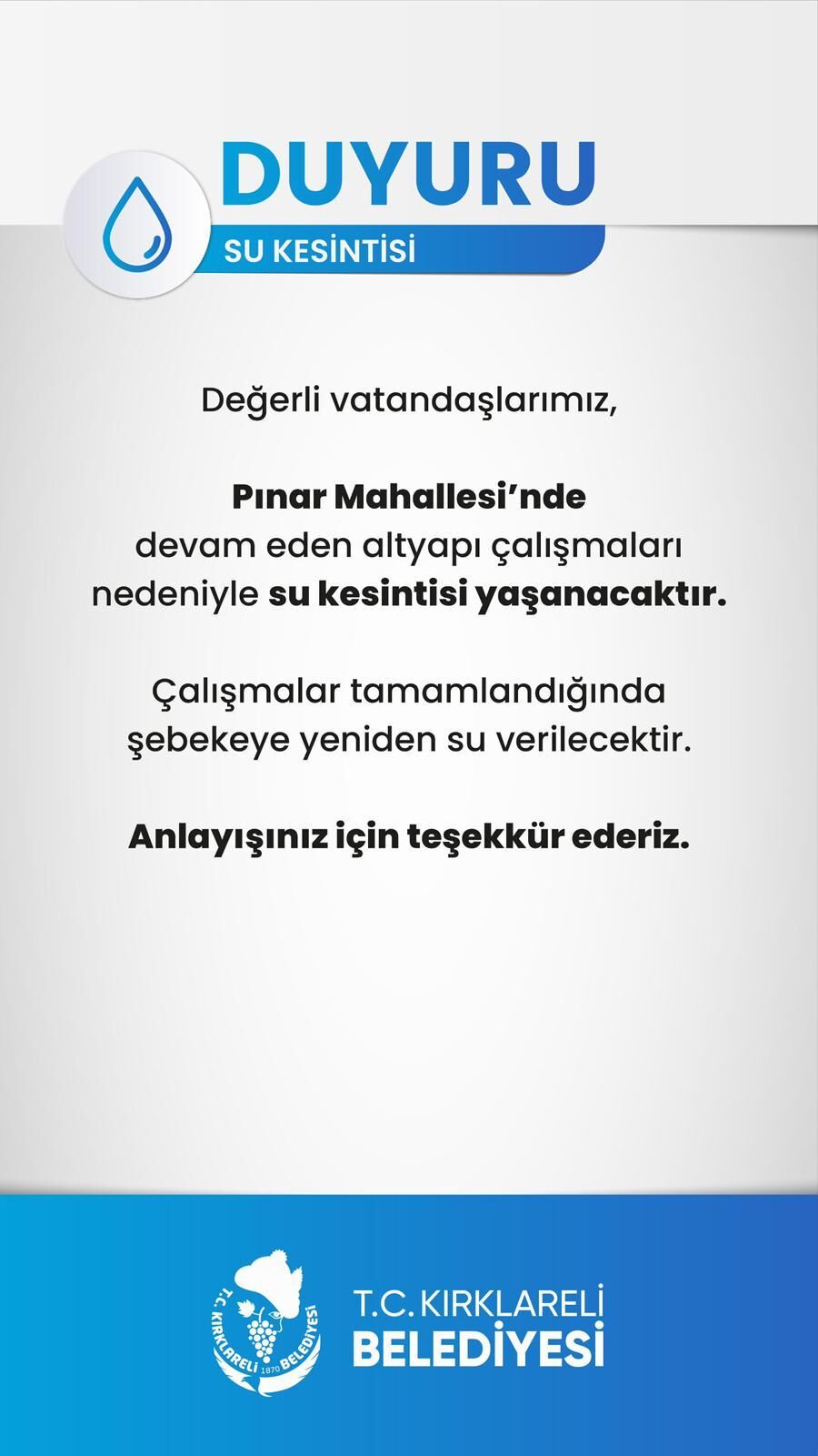 Pınar Mahallesi Su Kesintisi